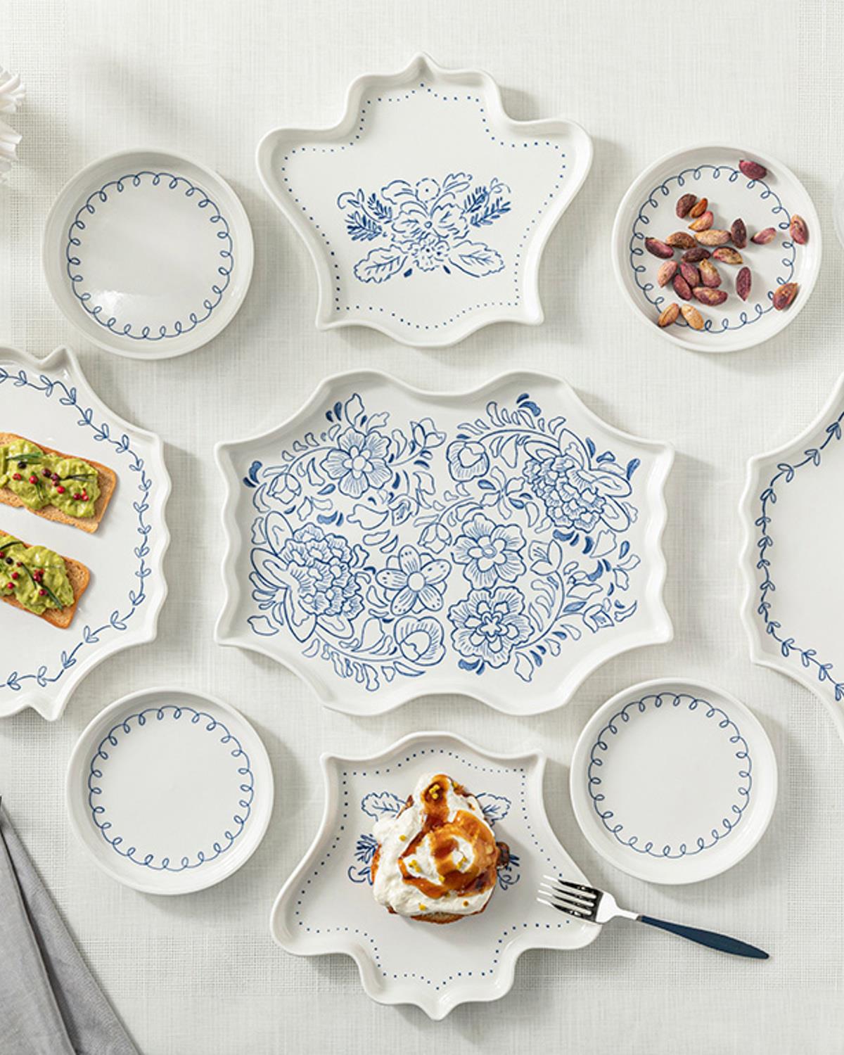 Puzzle Комплект За Маса За 4 Души, New Bone China, Тъмно Синьо, 9 Броя