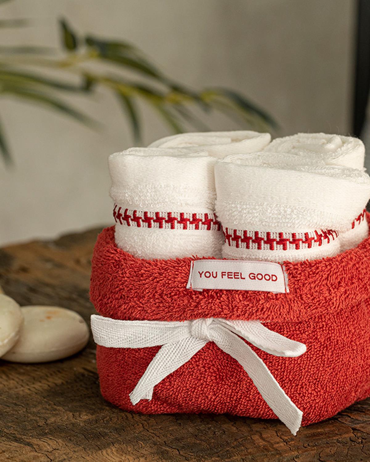 Quadro Хавлия Комплект 4 Бр. Комплект, Памучен, Бяло - Бордо Червено, 30 X 40 Cm