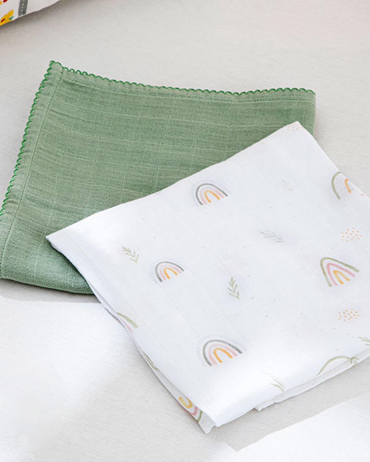 Rainbow Бебешки Муселин Комплект 2Бр., Памучен, Зелено, 65 X 65 Cm