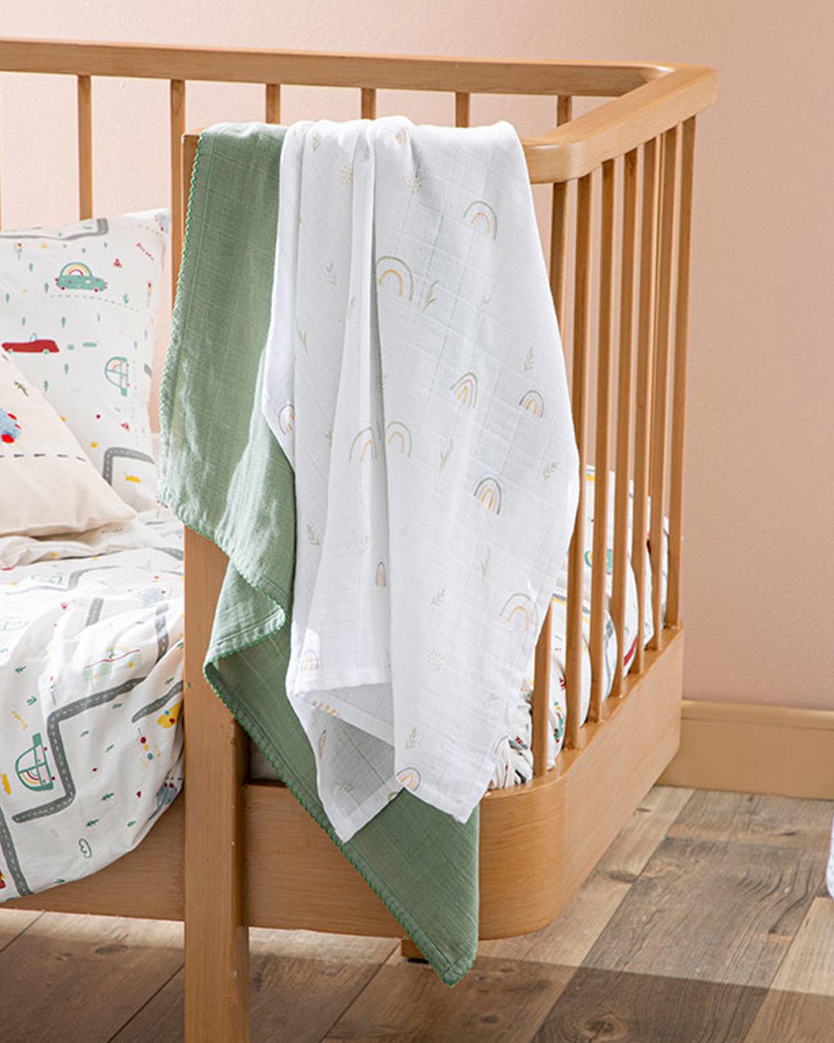 Rainbow Бебешки Муселин Комплект 2Бр., Памучен, Зелено, 65 X 65 Cm