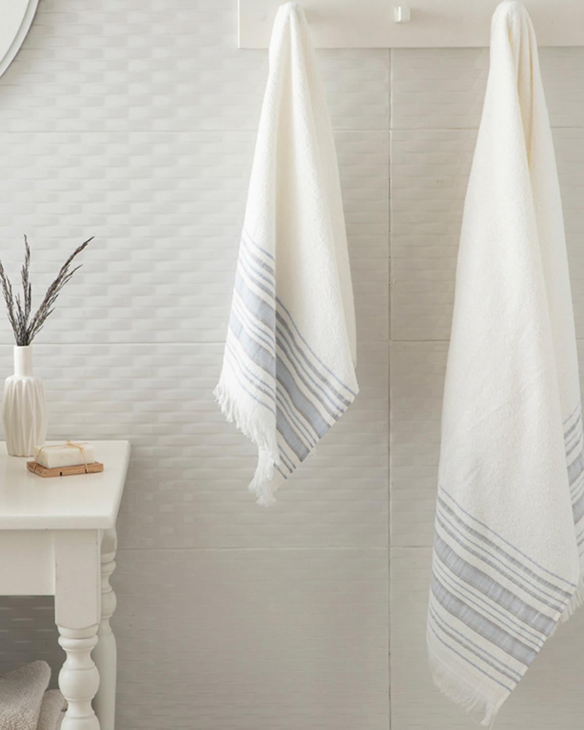 Retro Комплект Кърпи За Баня 2 бр. на райе 50x85см + 70x150см Екрю - Син