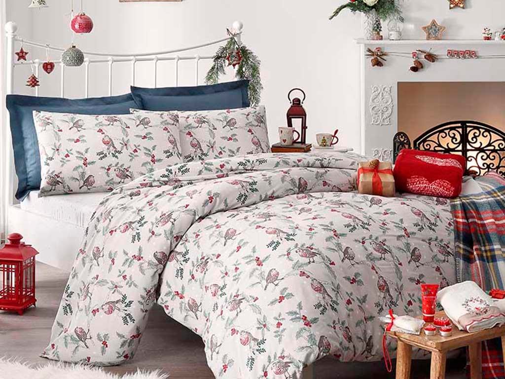 Robin Birds Flannel For One Person Duvet Cover Set 160x220 cm Gray