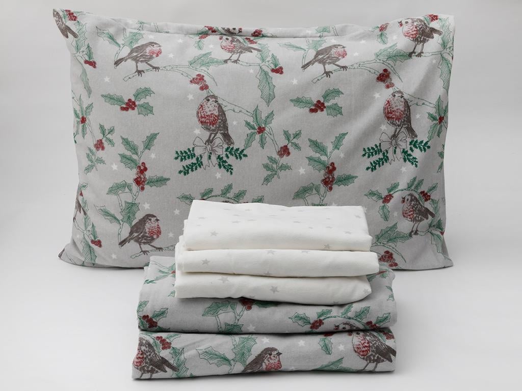 Robin Birds Flannel For One Person Duvet Cover Set 160x220 cm Gray
