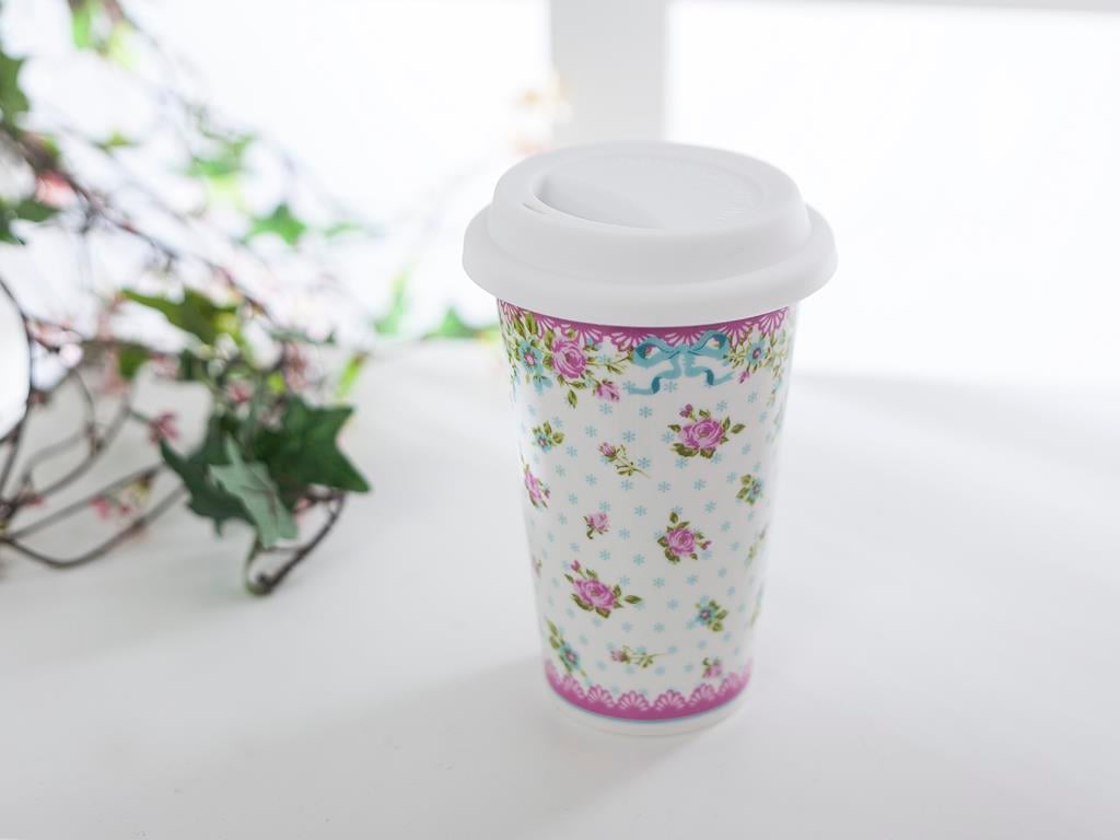 Rose And Lace TRAVEL MUG Bone China 300 ml Pink