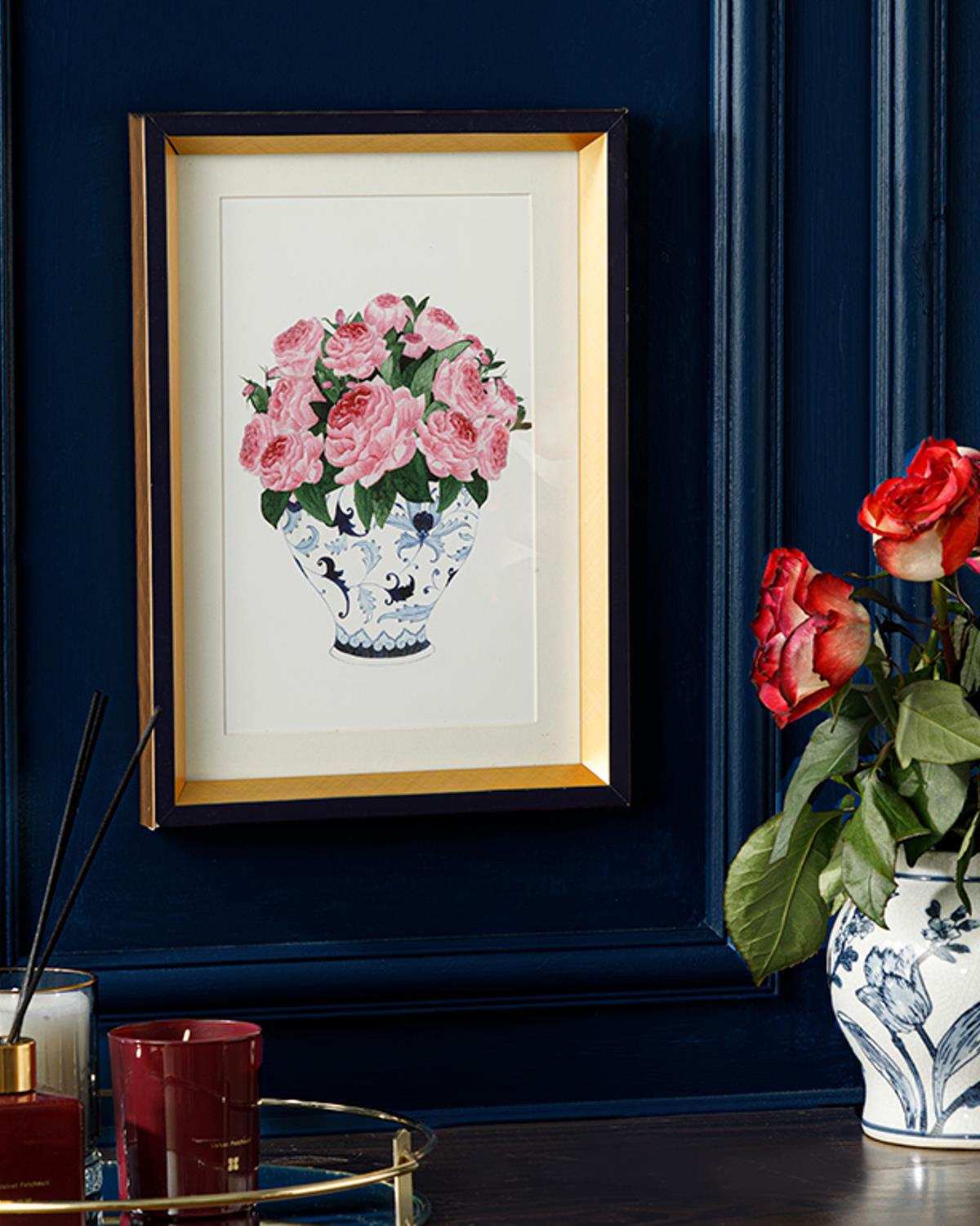 Rose Bouquet Картина 25x35 см Син - Бял.