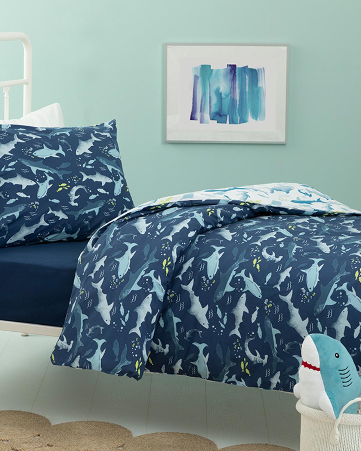 Shark Детски Спален Комплект Памучен 160x220 см Син