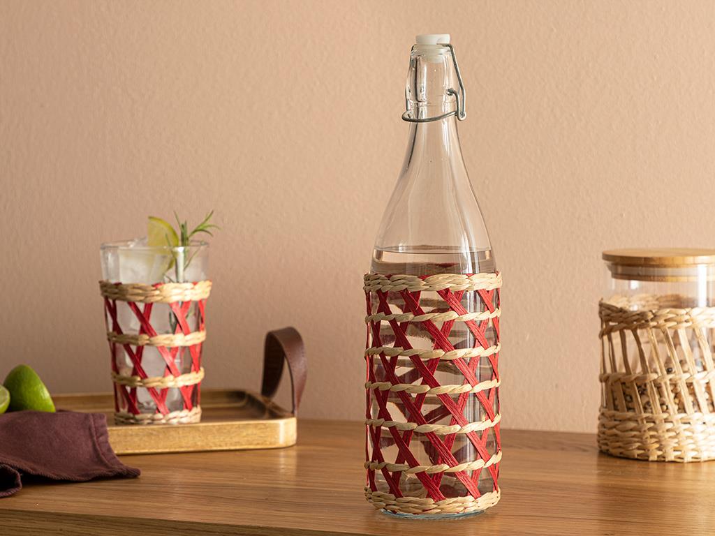 Stripe Wicker Шише Ракита, Стъкло, Червено, 980 Ml