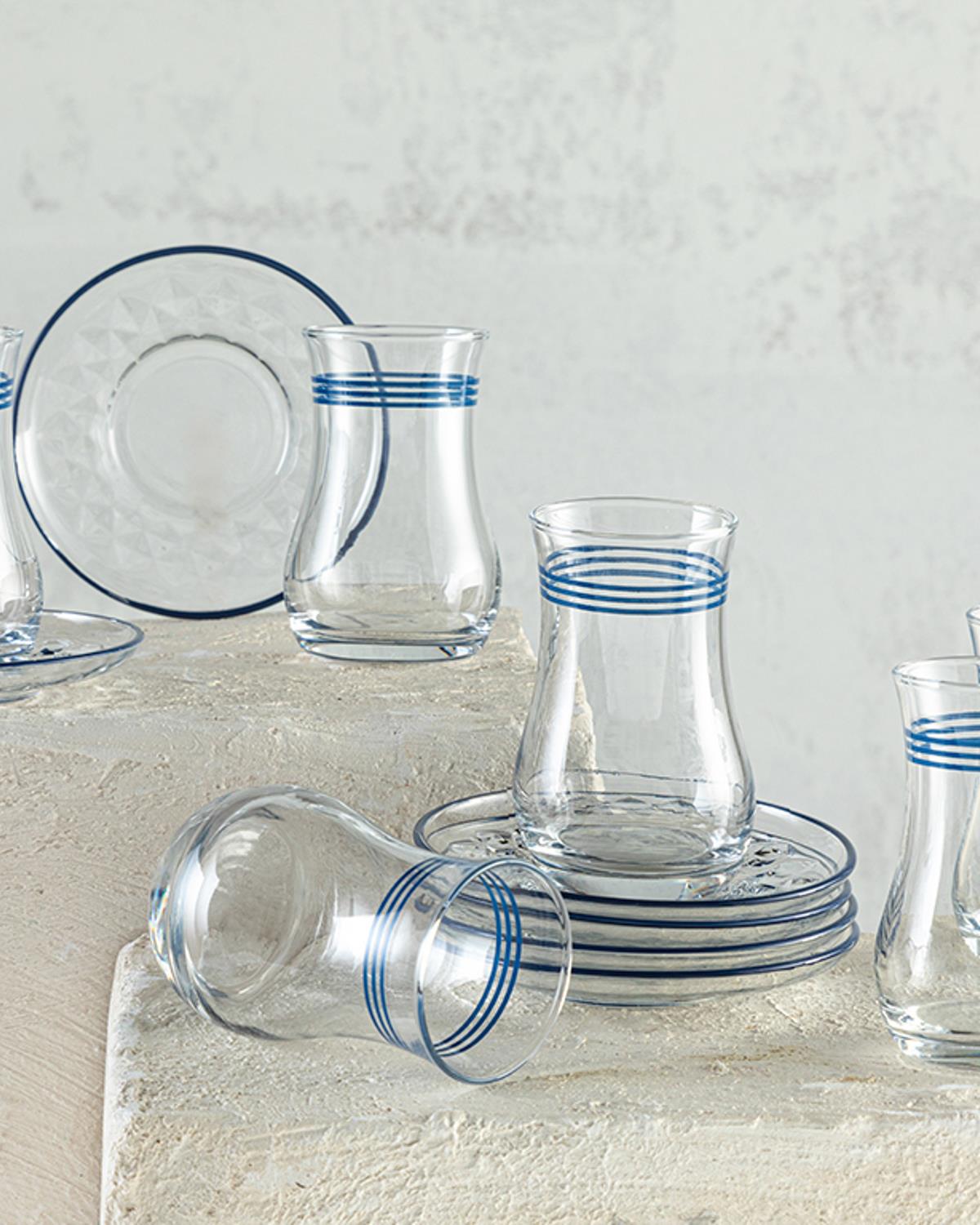 Thin Stripes Чаен Комплект 12 Бр. За 6 Души, Стъкло, Синьо, 170 Ml