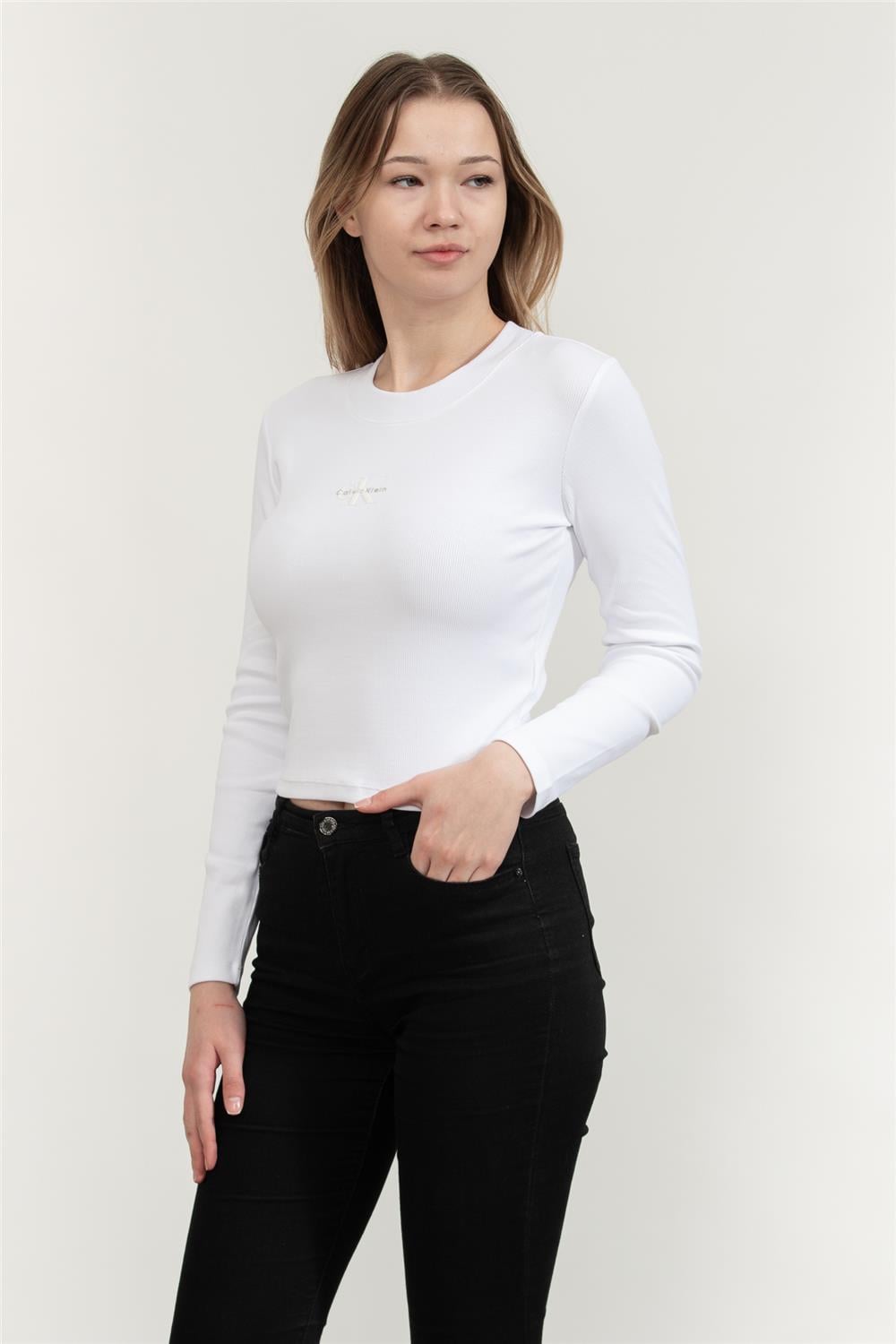 Calvin Klein A- Ls Monogram Baby Tee Kadın Bisiklet Yaka T-Shirt
