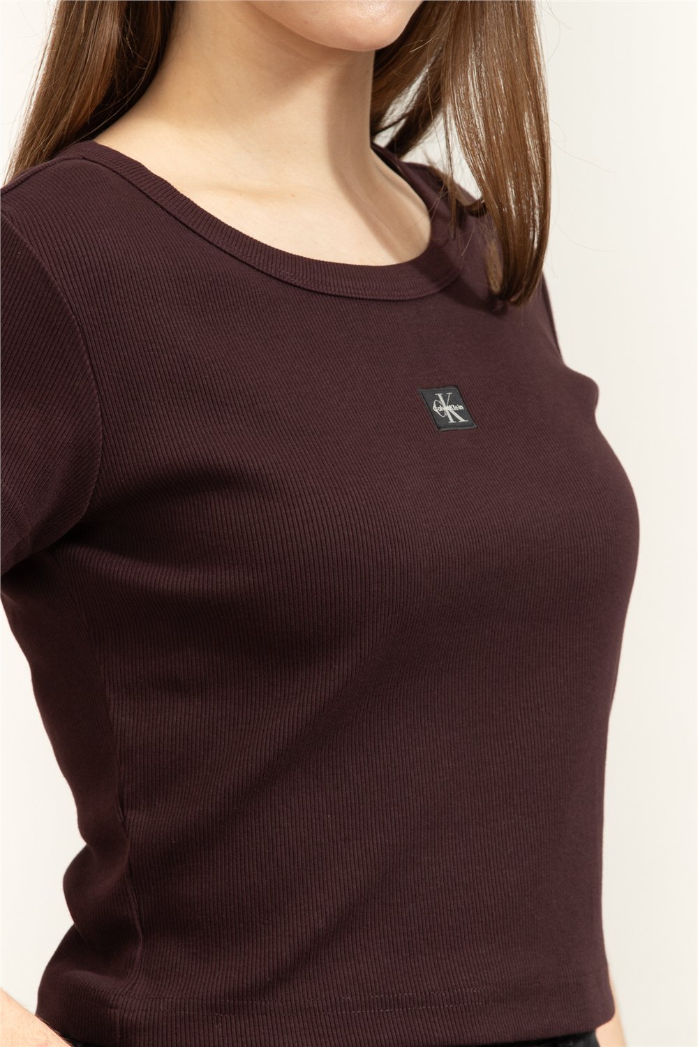 Calvin Klein A- Woven Label 2X2 Rib Baby Tee Kadın Bisiklet Yaka T-Shirt