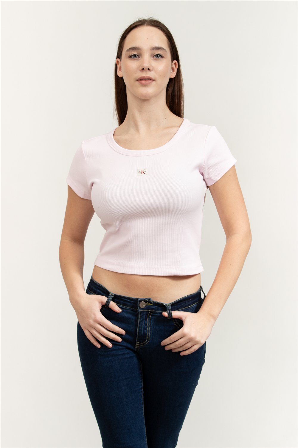 Calvin Klein A- Woven Label 2X2 Rib Baby Tee Kadın Bisiklet Yaka T-Shirt