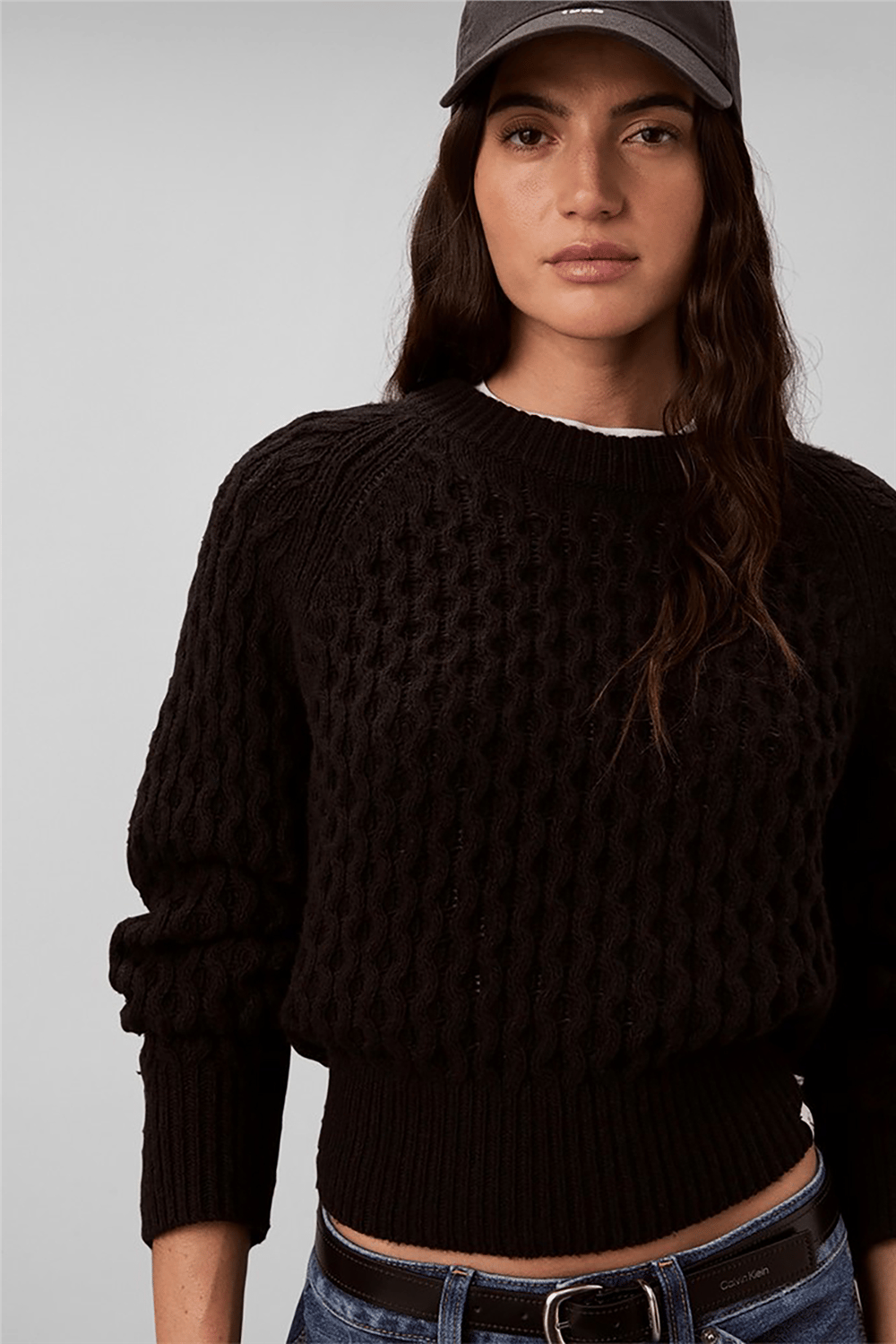 Calvin Klein Alpaca Honeycomb Cable Pullover Kadın Triko Siyah