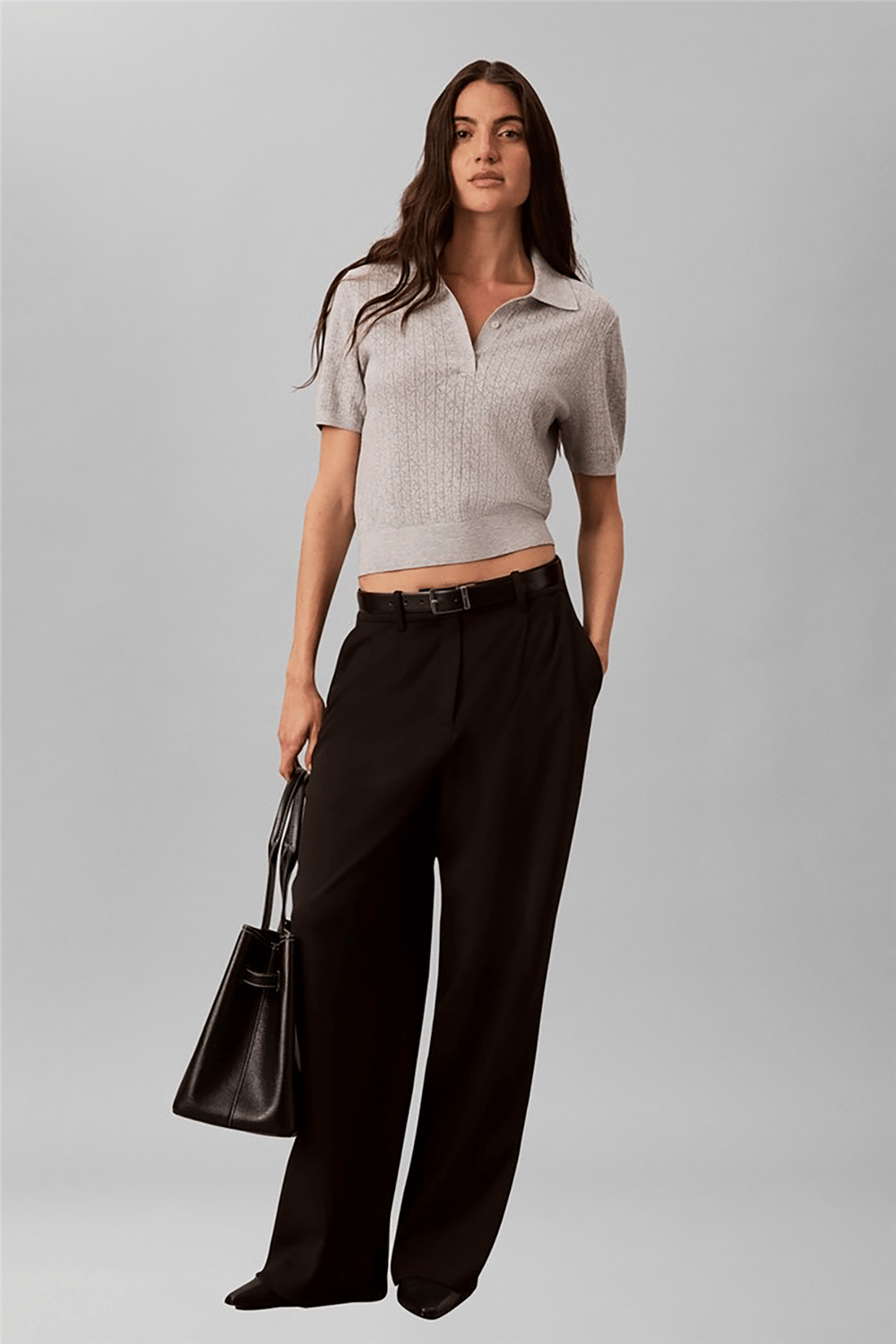 Calvin Klein Aop Pointelle Polo Kadın Triko Gri