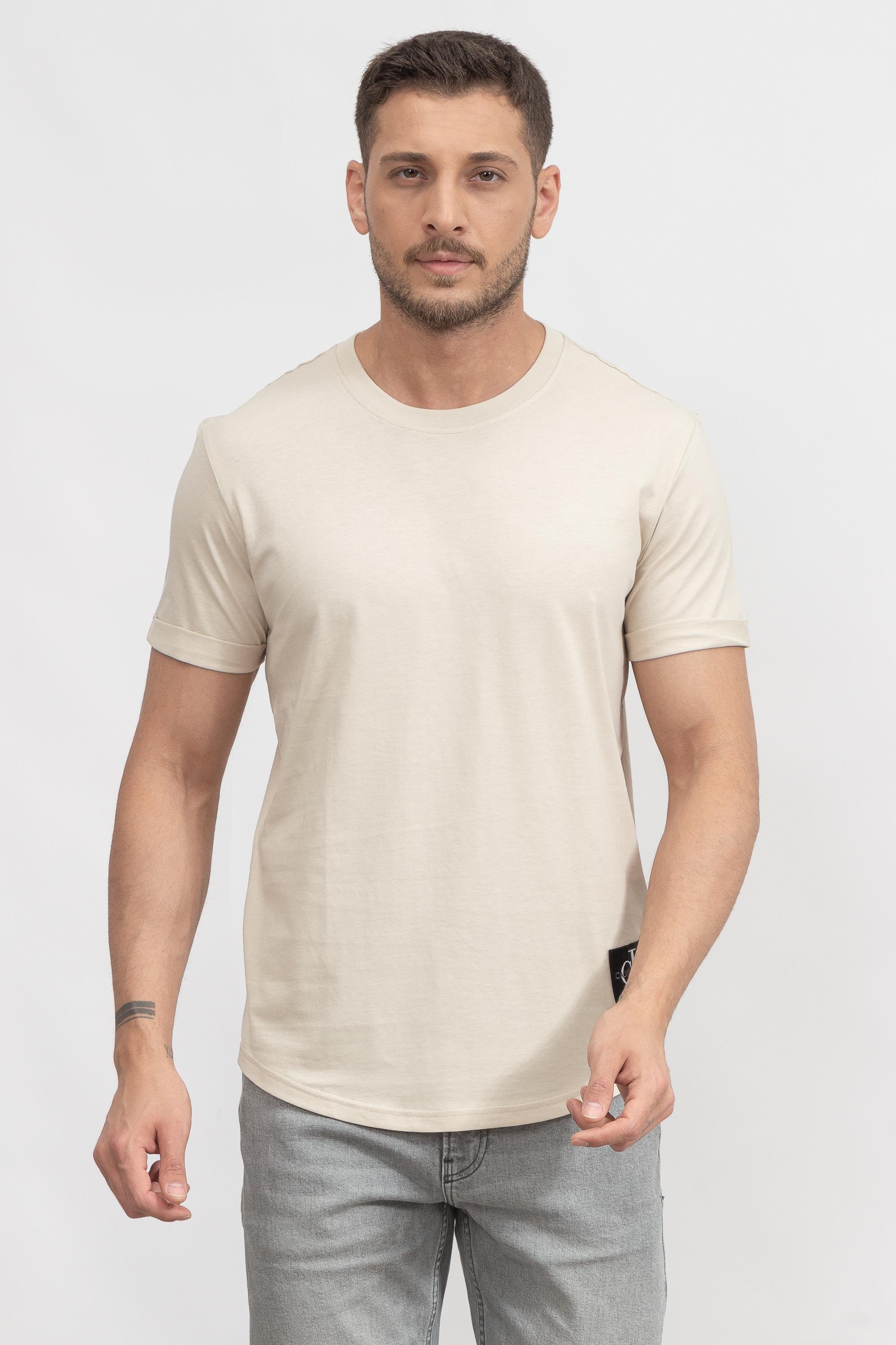 Calvin Klein Badge Turn Up Sleeve Erkek Bisiklet Yaka T-Shirt