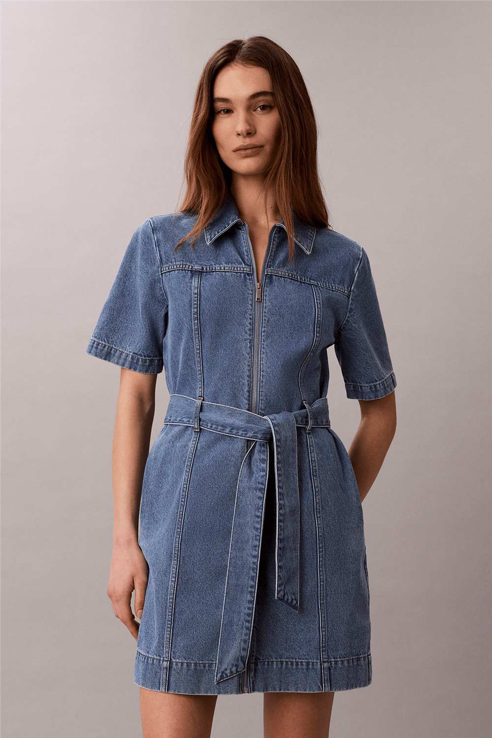 Calvin Klein Belted Shirt Dress Radio Blues Kadın Elbise