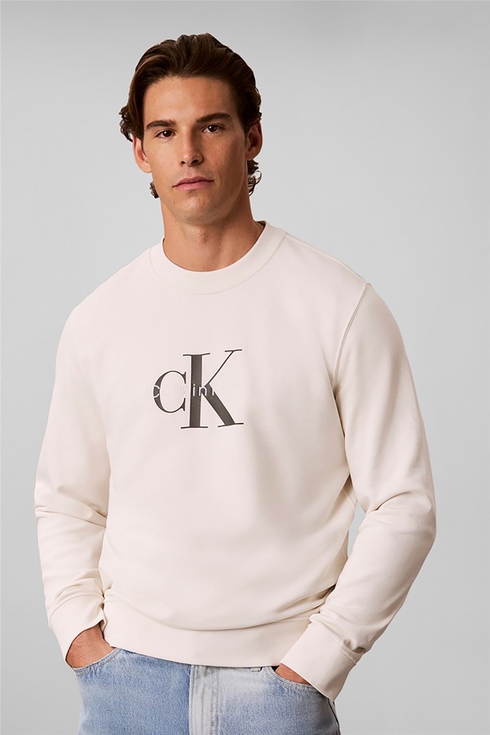 Calvin Klein Cl Ls 350Terry Mnlg Cn Swtshrt Erkek Bisiklet Yaka Sweatshirt Beyaz