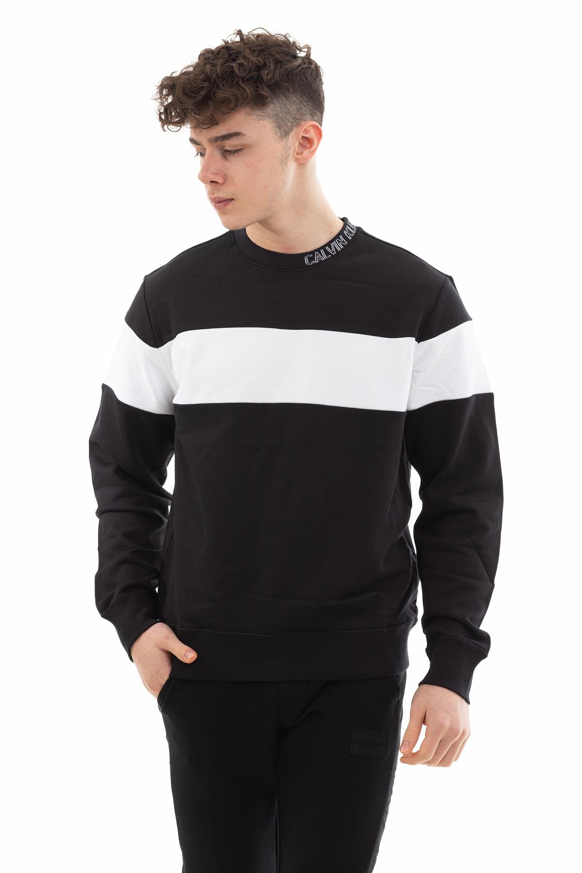 Calvin Klein  Collar Logo Block Stripe Erkek Sweatshirt