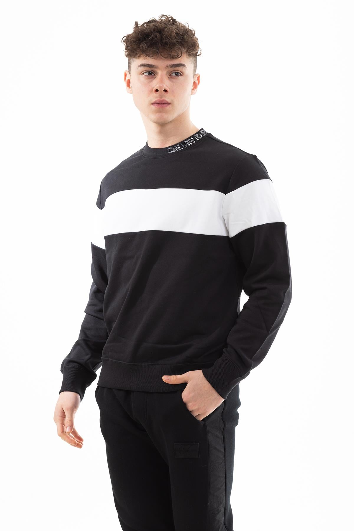 Calvin Klein  Collar Logo Block Stripe Erkek Sweatshirt