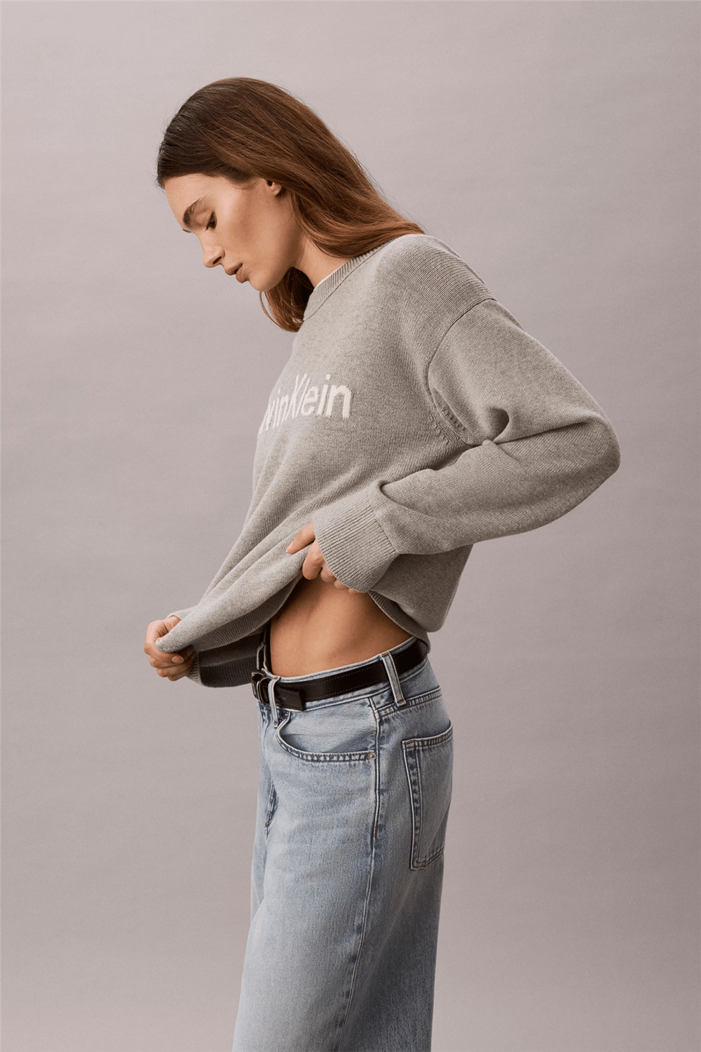 Calvin Klein Contrast Logo Ls Sweater Kadın Triko Gri