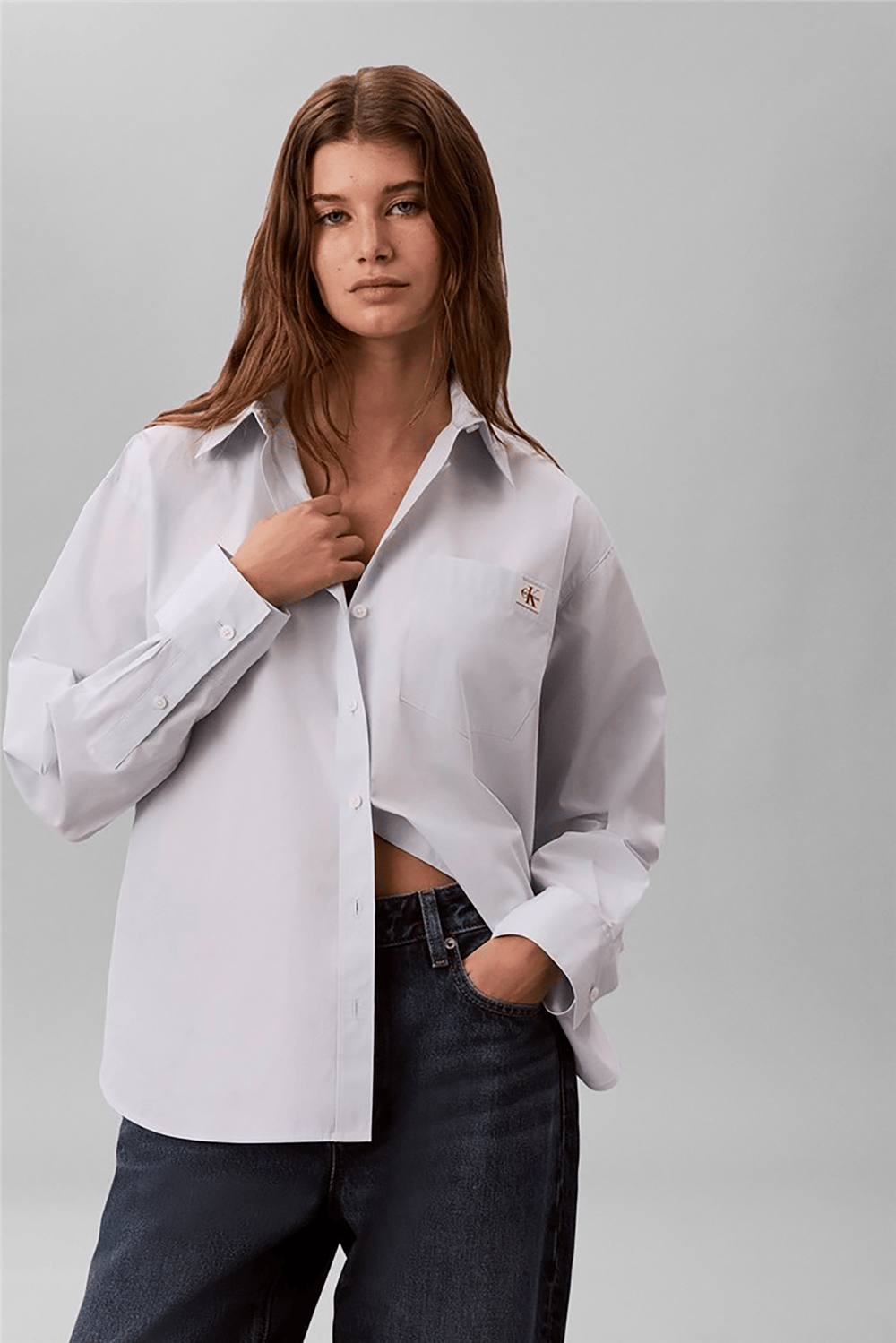 Calvin Klein Cotton Poplin Relaxed Shirt Wove Kadın Gömlek Mavi