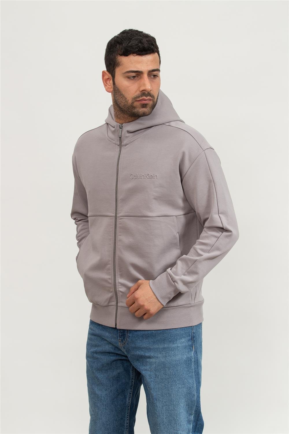 Calvin Klein Embossed Logo Erkek Fermuarlı Sweatshirt