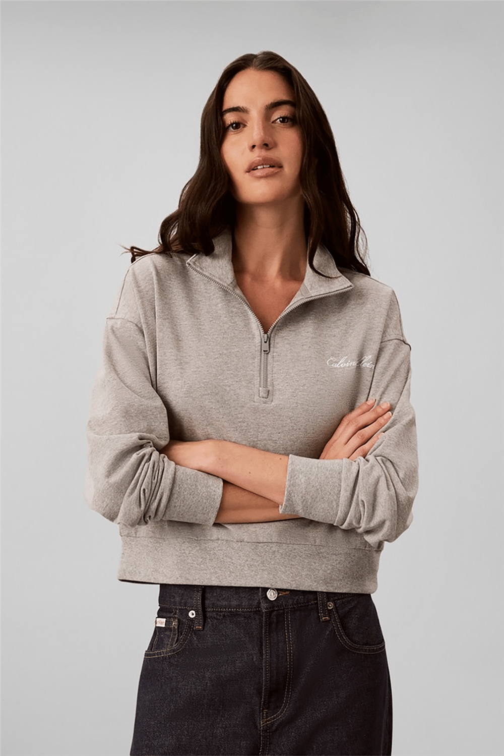 Calvin Klein Heavy Jersey 1/4 Zip Top- Graphi Kadın Pijama Üstü Gri