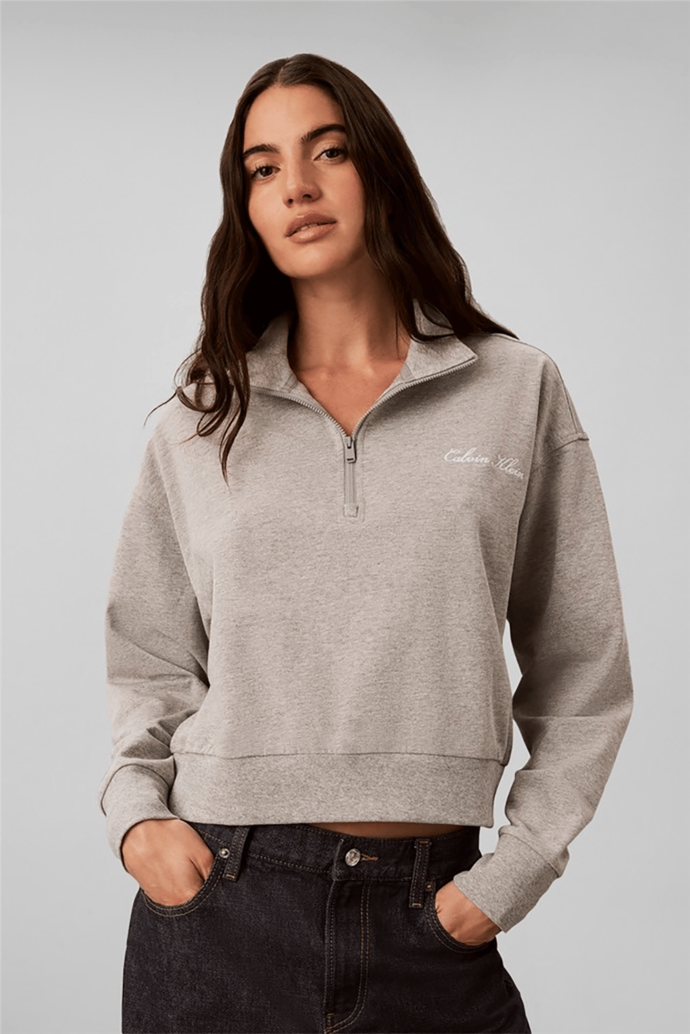 Calvin Klein Heavy Jersey 1/4 Zip Top- Graphi Kadın Pijama Üstü Gri