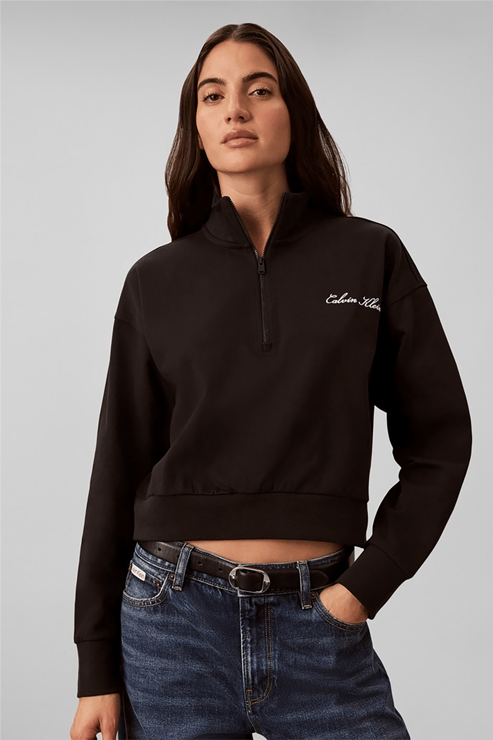 Calvin Klein Heavy Jersey 1/4 Zip Top- Graphi Kadın Pijama Üstü Siyah