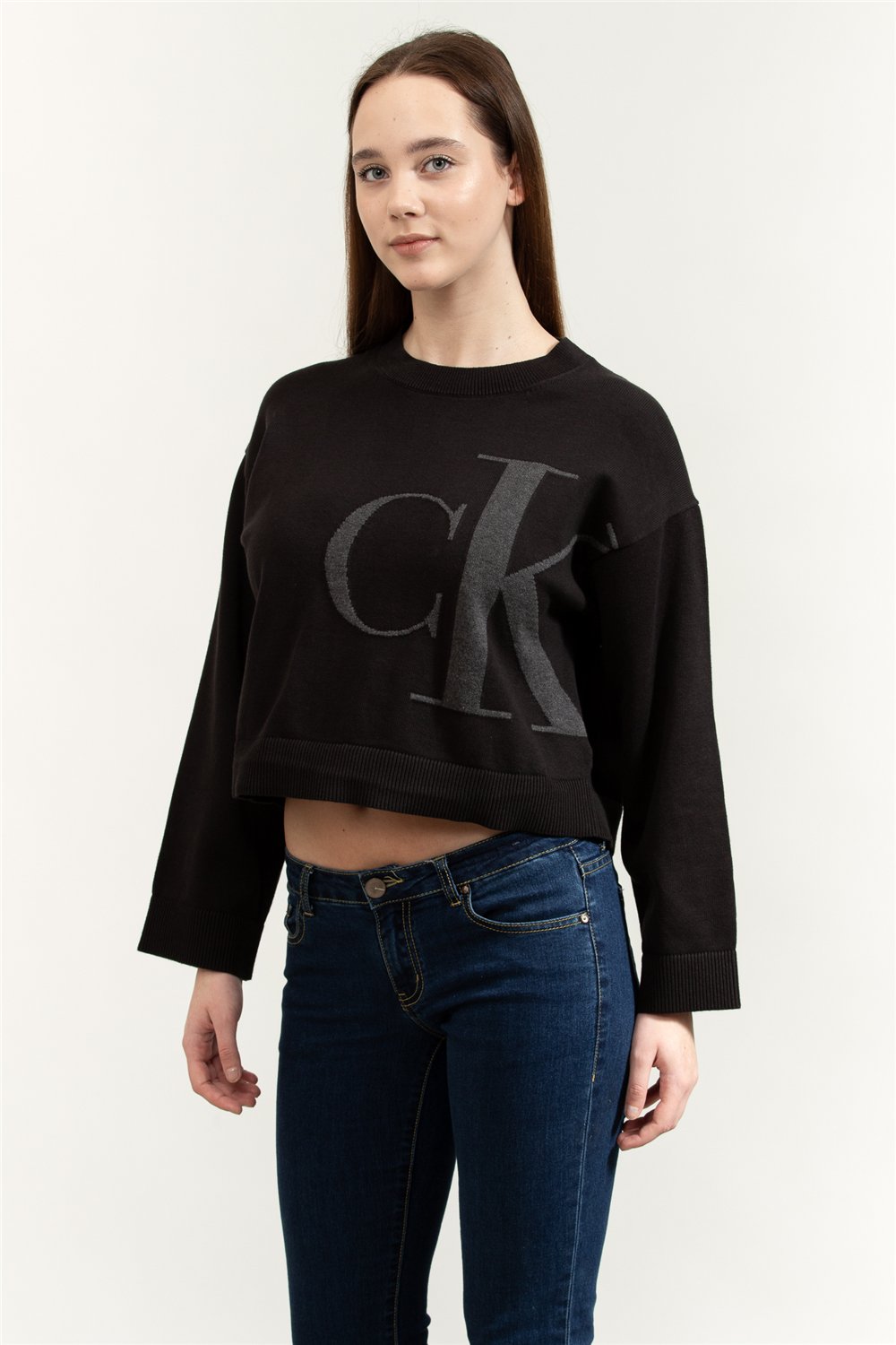 Calvin Klein Long Sleeve Smooth Cotton CK Jac Kadın Triko