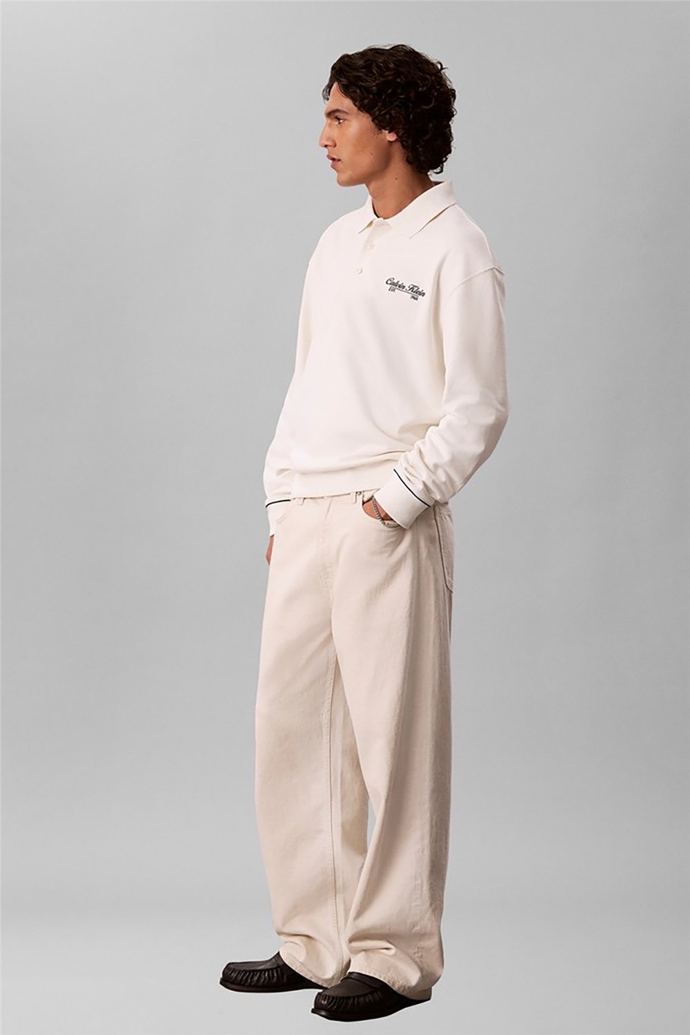 Calvin Klein Ls 350Gsm Terry Piped Polo Sweat Erkek Polo Yaka Sweatshirt Beyaz