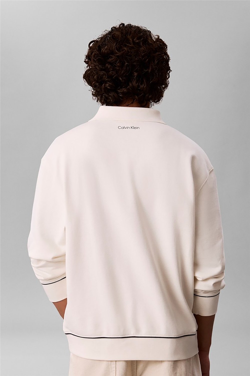 Calvin Klein Ls 350Gsm Terry Piped Polo Sweat Erkek Polo Yaka Sweatshirt Beyaz