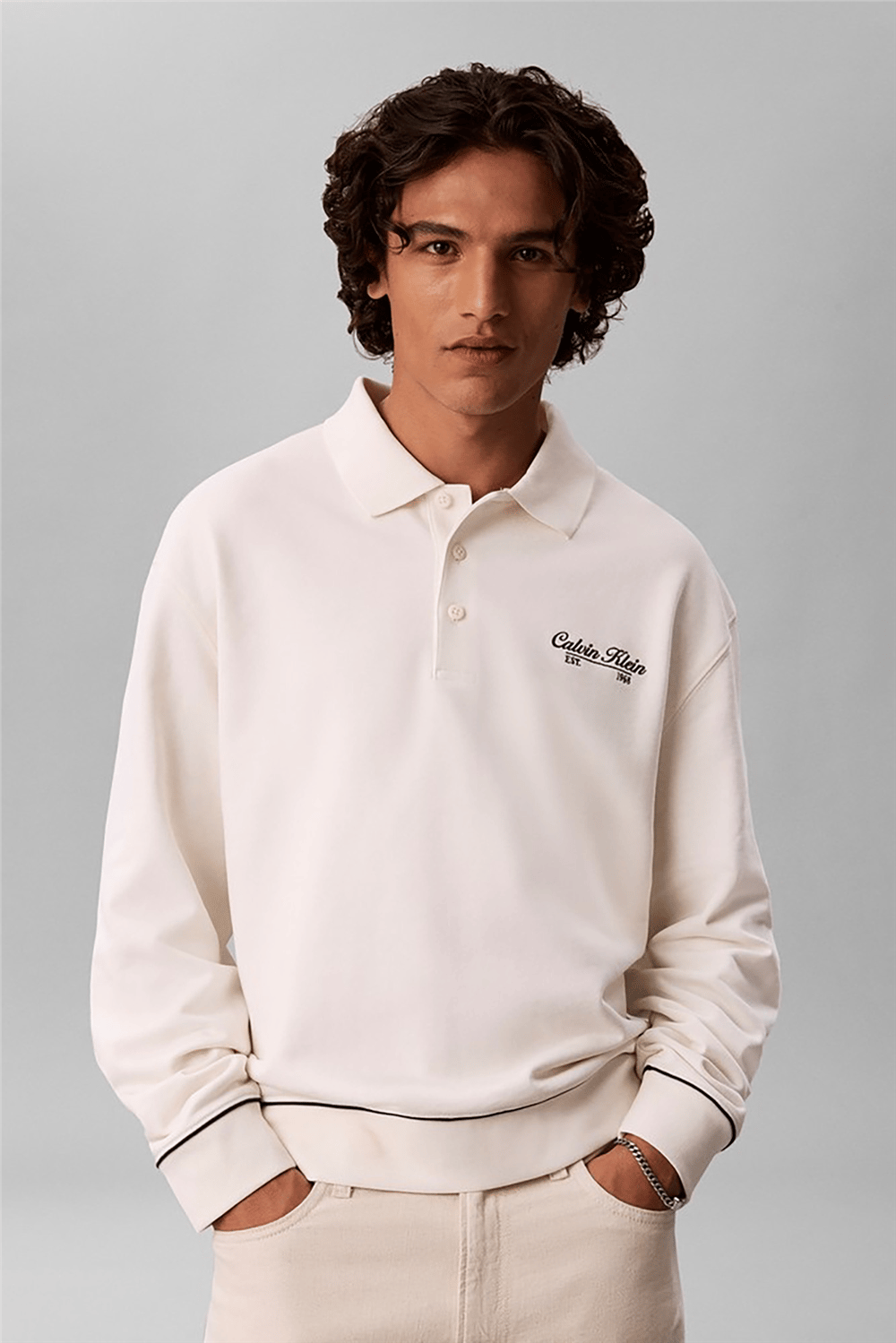 Calvin Klein Ls 350Gsm Terry Piped Polo Sweat Erkek Polo Yaka Sweatshirt Beyaz