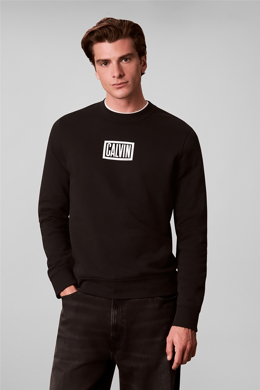 Calvin Klein Ls 350Terry Eu Clvin Box Logo Cn Erkek Bisiklet Yaka Sweatshirt Siyah