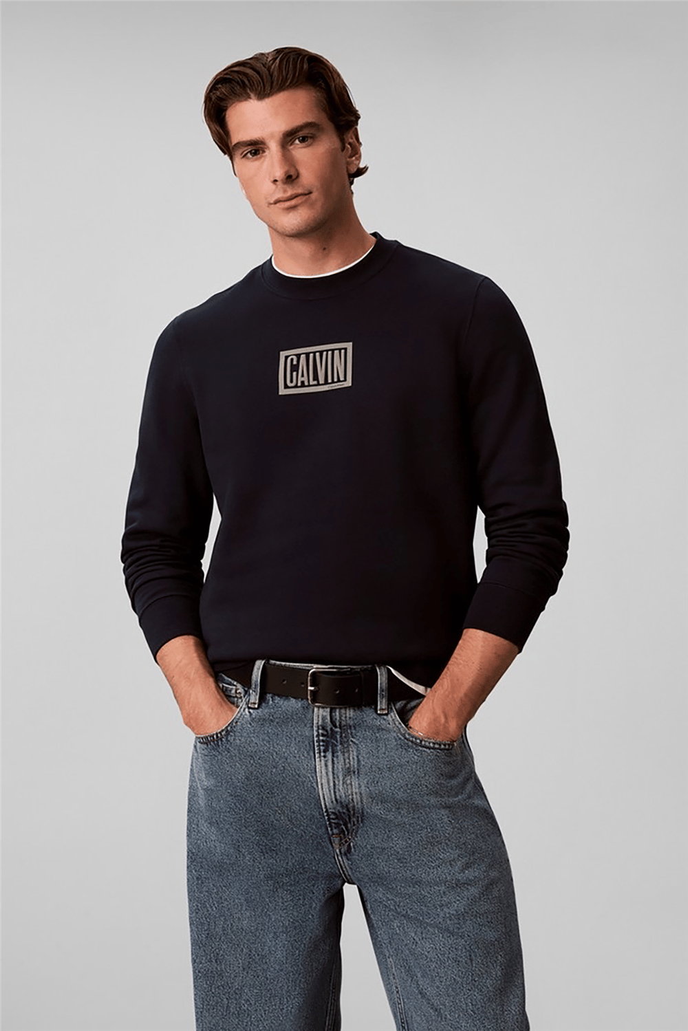 Calvin Klein Ls 350Terry Eu Clvin Box Logo Cn Erkek Bisiklet Yaka Sweatshirt Lacivert