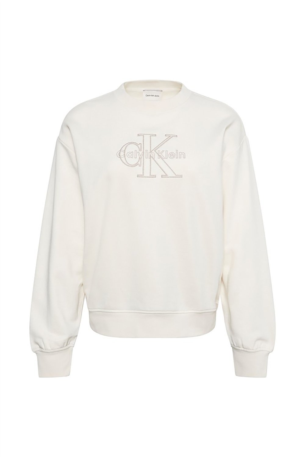 Calvin Klein Ls Baby Terry Seasonal Monologo Kadın Bisiklet Yaka Sweatshirt Beyaz