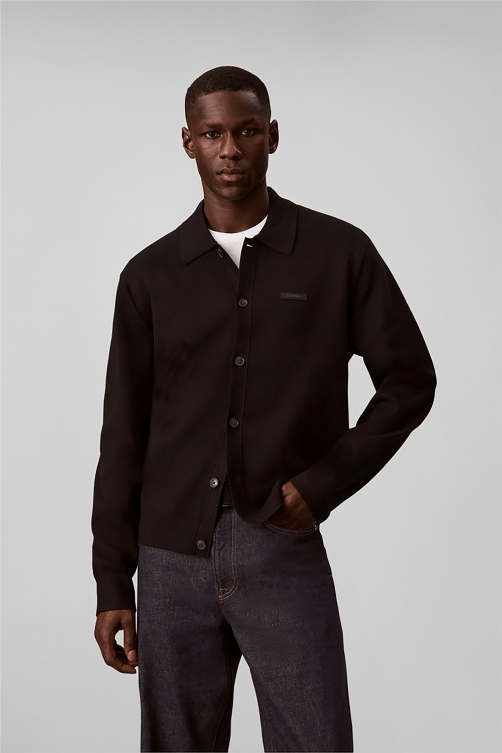 Calvin Klein Ls Ck Tech Knit Polo Button Fron Erkek Triko Siyah
