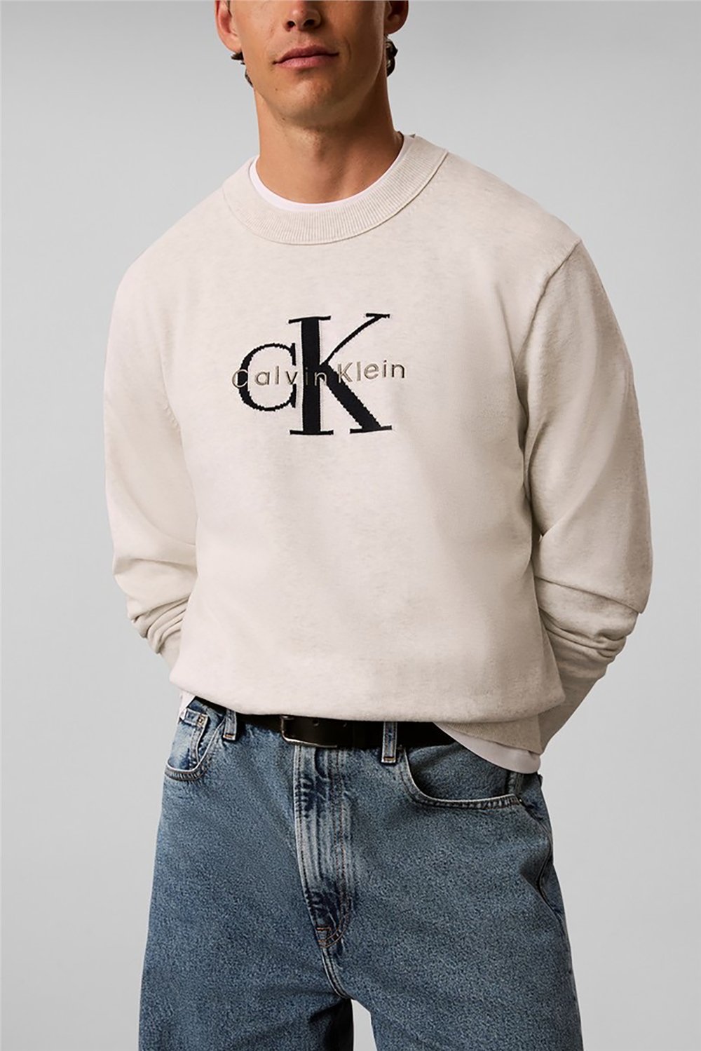 Calvin Klein Ls Clsc Cttn Mnlgo Crnk Str 12Gg Erkek Triko Beyaz