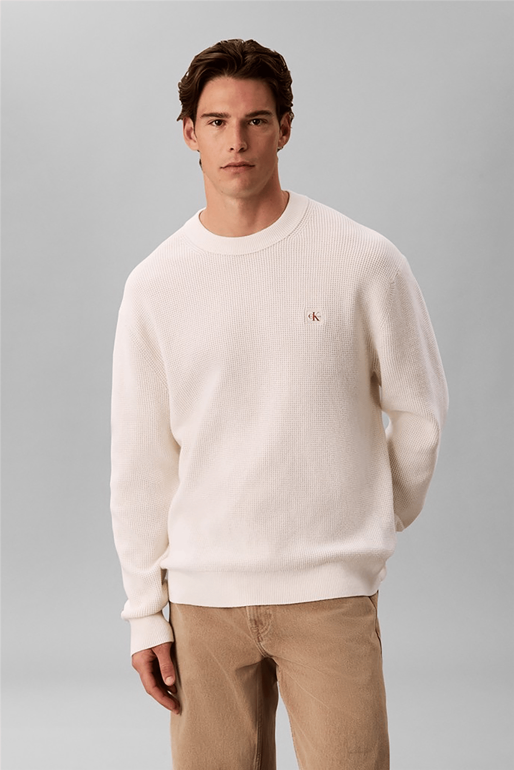 Calvin Klein Ls Clsc Cttn Wfl Crwnk Swtr 9Gg Erkek Triko Beyaz