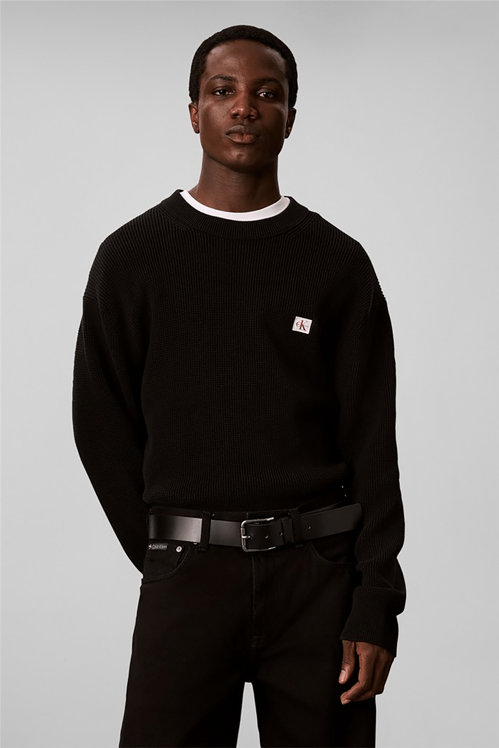 Calvin Klein Ls Clsc Cttn Wfl Crwnk Swtr 9Gg Erkek Triko Siyah