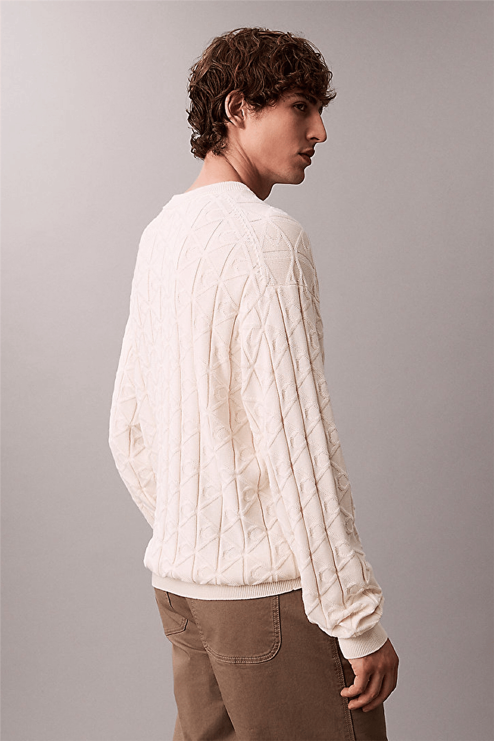 Calvin Klein LS Easy Aop Cotton Crewnk Sweate Erkek Triko Beyaz