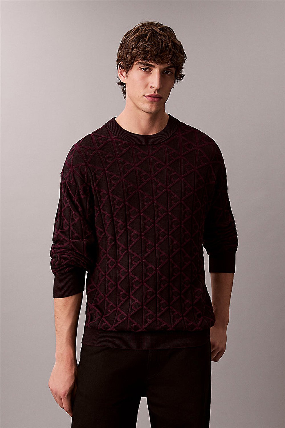 Calvin Klein LS Easy Aop Cotton Crewnk Sweate Erkek Triko Siyah