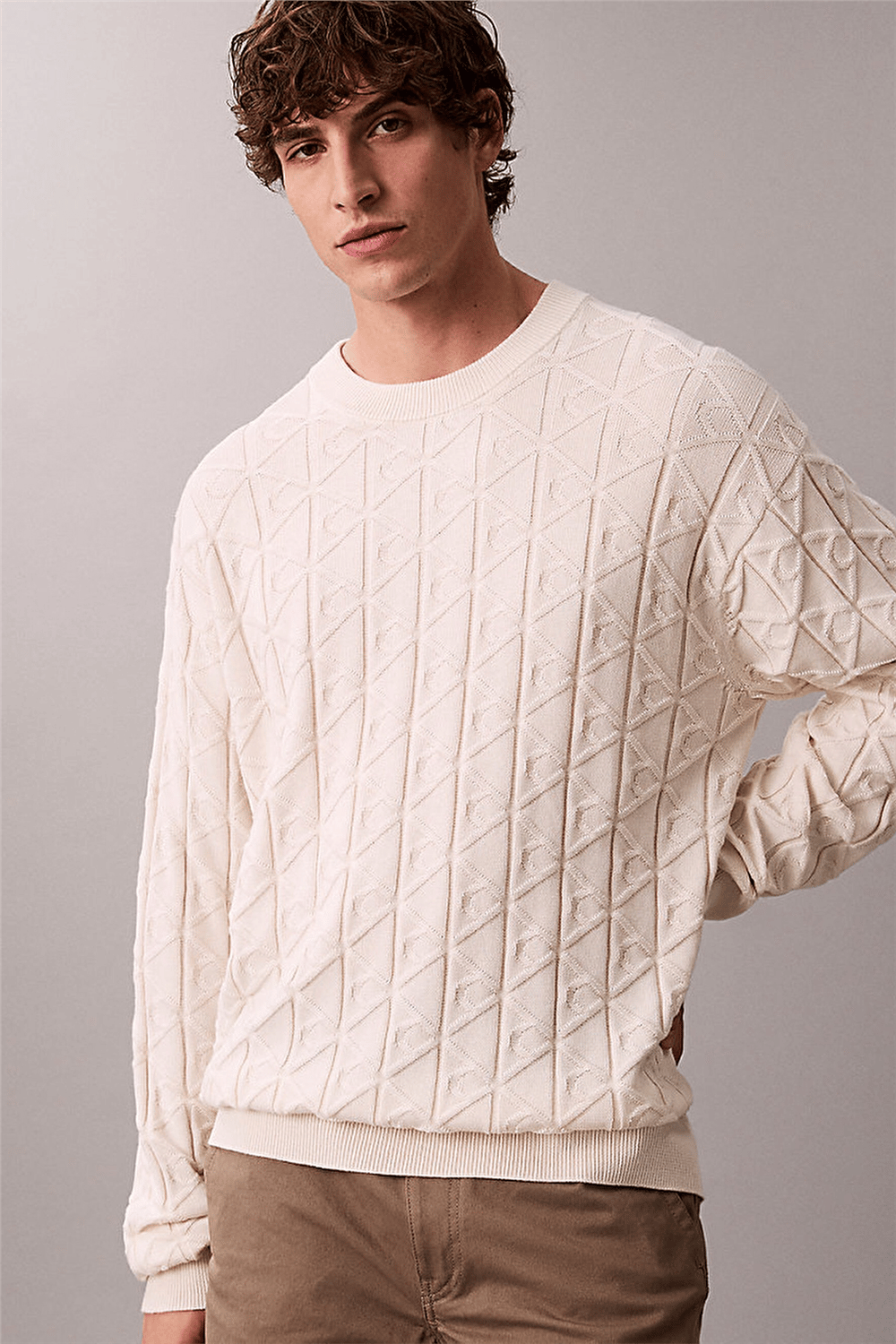 Calvin Klein LS Easy Aop Cotton Crewnk Sweate Erkek Triko Beyaz