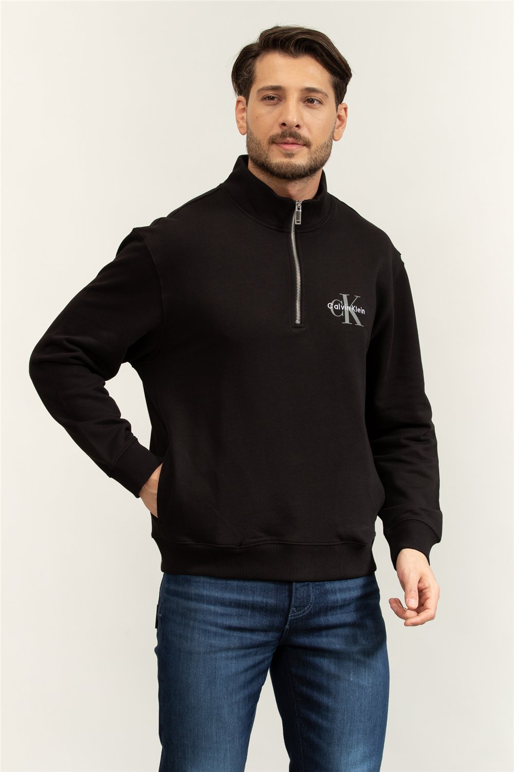 Calvin Klein LS Eu 350Terry Micro Monologo Qt Erkek Fermuarlı Sweatshirt