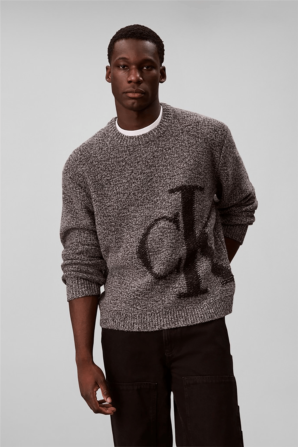 Calvin Klein Ls Lambswool Blend Monogram Crew Erkek Triko Gri