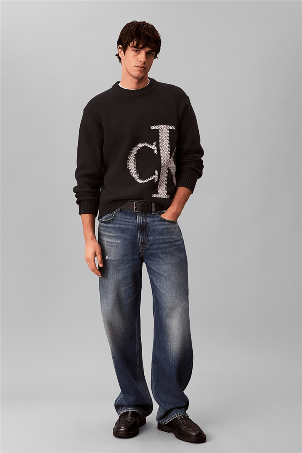 Calvin Klein Ls Lambswool Blend Monogram Crew Erkek Triko Siyah