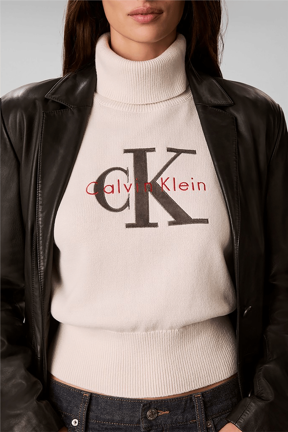 Calvin Klein Ls Logo Tneck Pullover Kadın Triko Beyaz