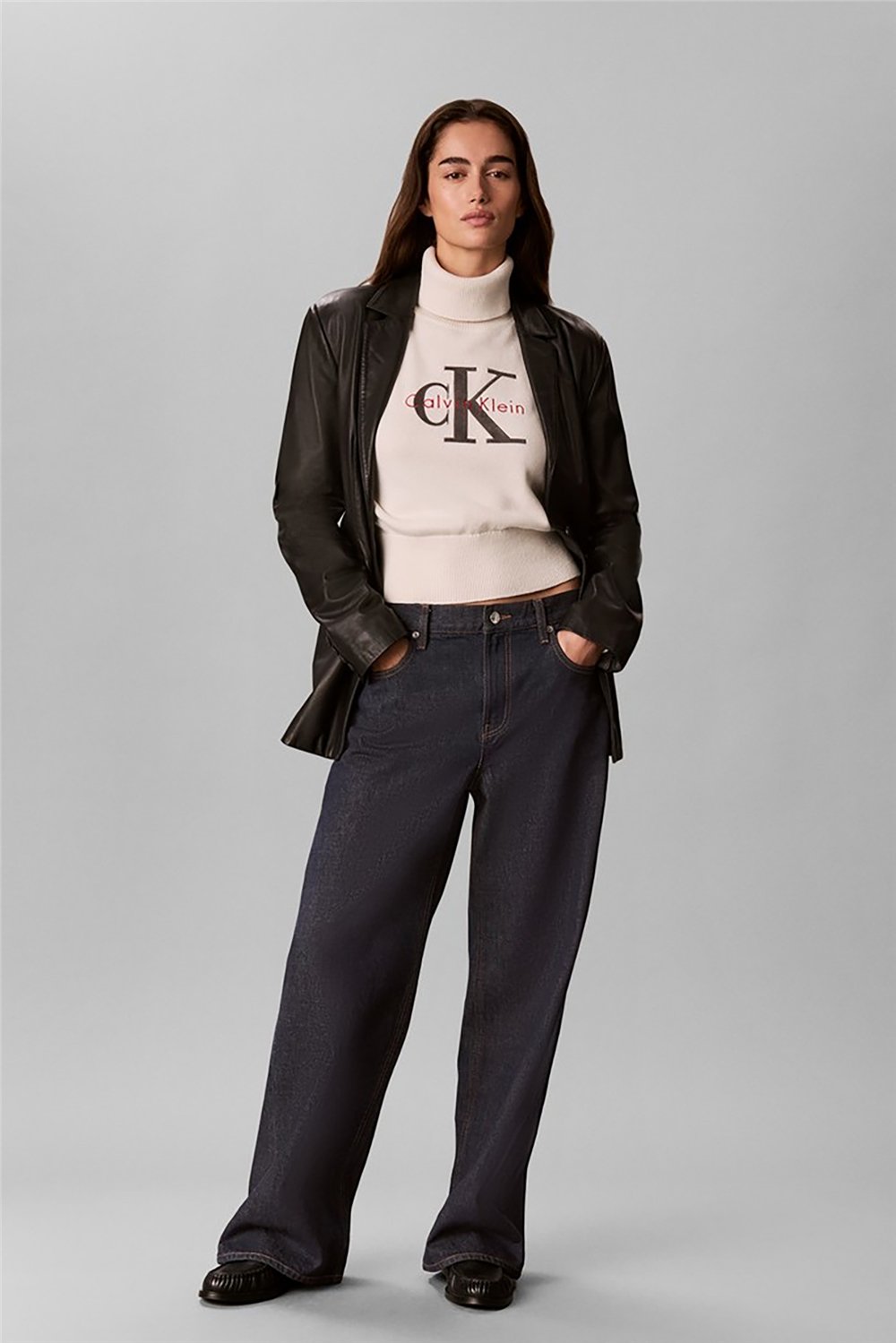 Calvin Klein Ls Logo Tneck Pullover Kadın Triko Beyaz