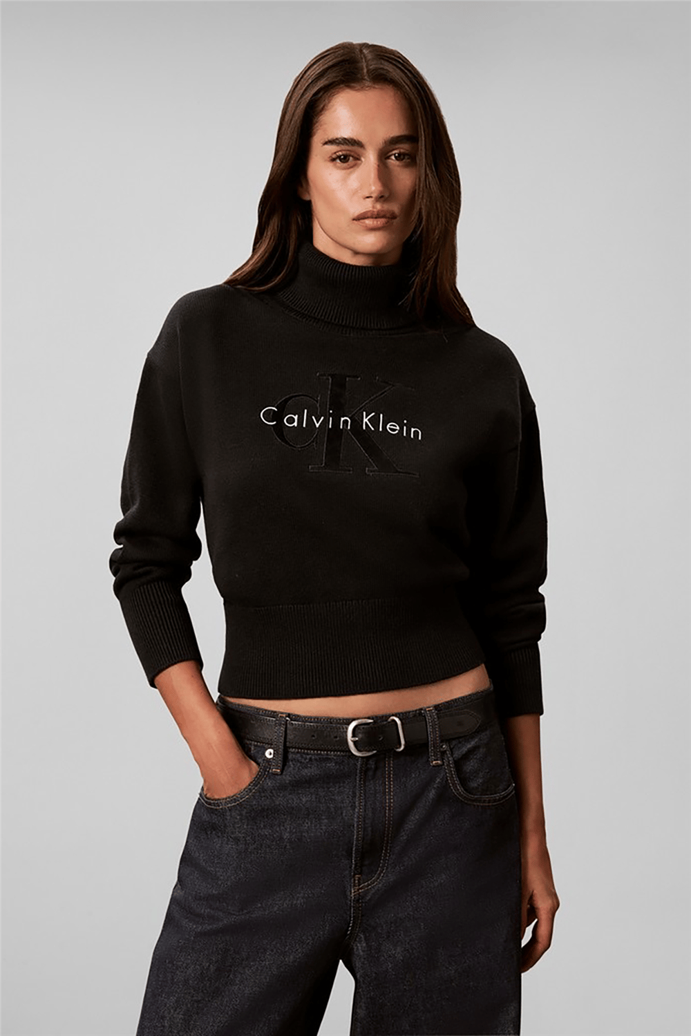 Calvin Klein Ls Logo Tneck Pullover Kadın Triko Siyah