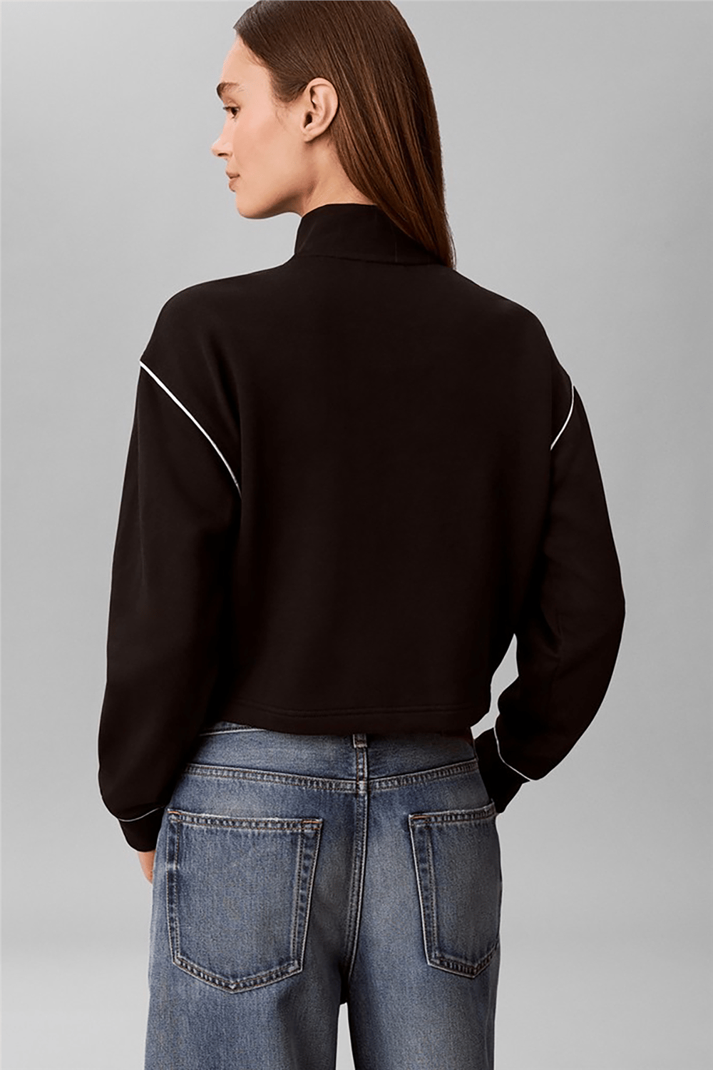 Calvin Klein Ls Monogram Terry Contrast Pipin Kadın Bisiklet Yaka Sweatshirt Siyah