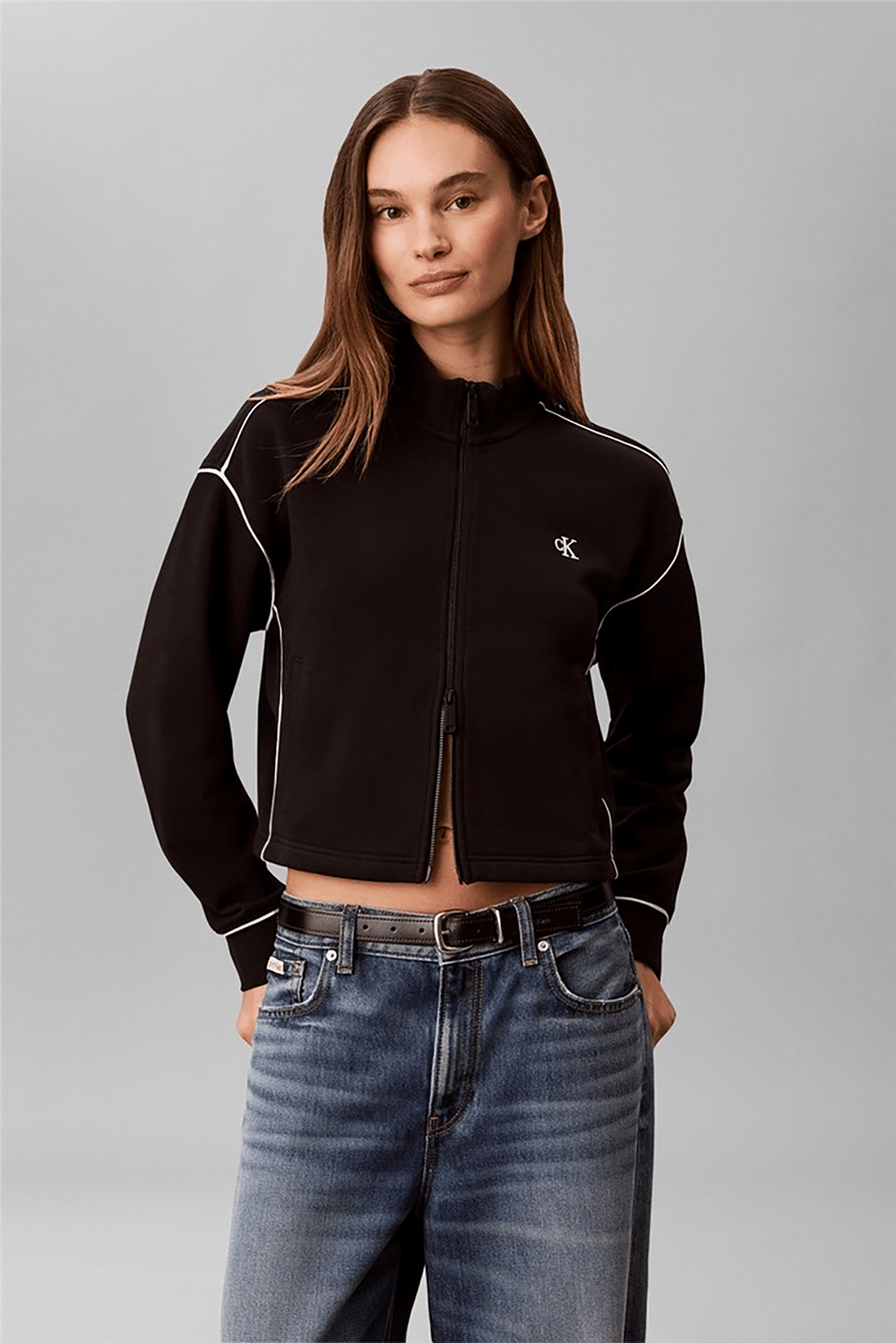 Calvin Klein Ls Monogram Terry Contrast Pipin Kadın Bisiklet Yaka Sweatshirt Siyah